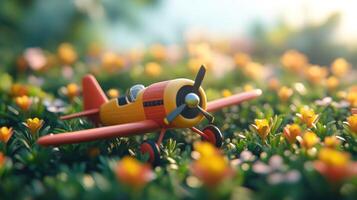 A toy plane is sitting in a field of flowers photo