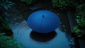 A blue umbrella floating in a pond photo