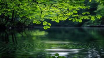 A pond with green leaves and water ripples photo