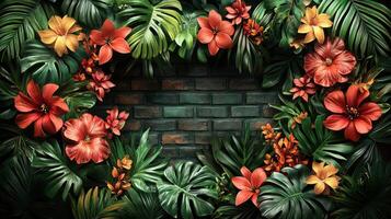 Tropical flowers and leaves on a brick wall photo