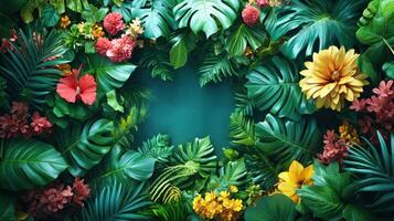 Tropical flowers and leaves on a green background photo
