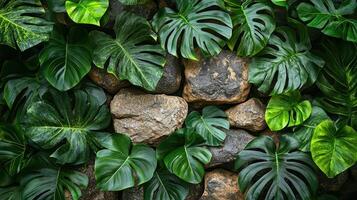 Tropical plants and stones in a wall photo