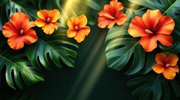 Tropical flowers and leaves on a dark background photo