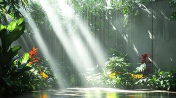 Sunlight shining through a wall of plants and flowers photo