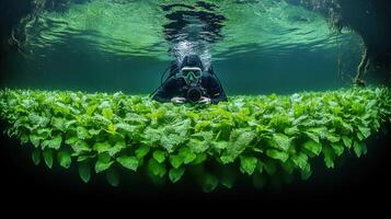 A man in a scuba suit is underwater in a green plant photo