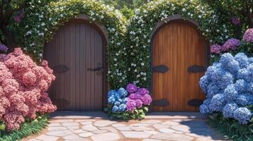 Two doors are open in front of a garden with flowers photo