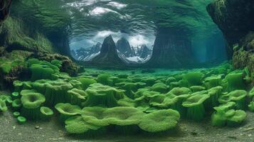 An underwater view of green algae and rocks photo