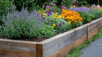 A wooden raised garden bed with flowers photo