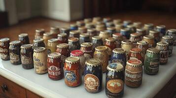A table full of beer bottles on a wooden floor photo