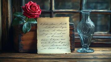 A rose and a letter sit on a table next to a vase photo