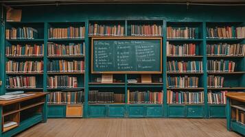 A library with green shelves and a chalkboard photo