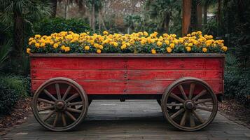 A wagon filled with yellow flowers photo