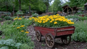 A wooden wagon filled with flowers in a garden photo