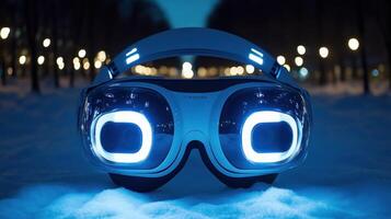 A pair of goggles with glowing eyes on a snowy night photo