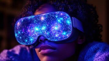 A woman wearing a virtual reality headset photo