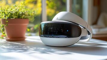 A white virtual reality headset on a table near a plant photo