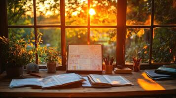 A laptop, books and a plant on a desk in front of a window photo