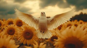 A white dove is flying through a field of sunflowers photo
