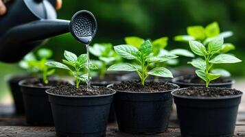 A person is watering plants in black pots photo