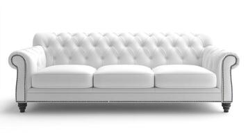 A white leather couch with a buttoned back photo