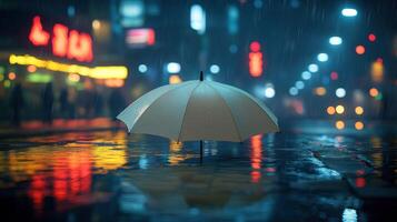 A white umbrella is sitting on the wet street photo