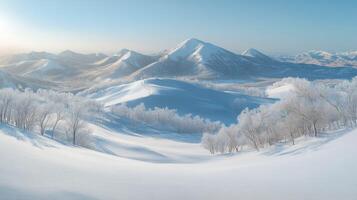 Winter landscape with snow covered mountains and trees photo