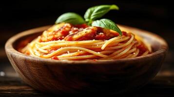 Italian pasta with shrimp and tomato sauce in wooden bowl on dark background photo