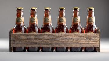 Six beer bottles in a wooden crate photo