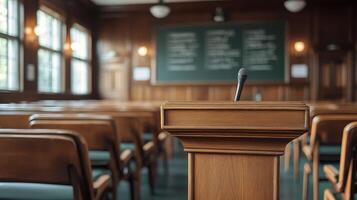 A microphone is placed in front of a podium in a classroom photo