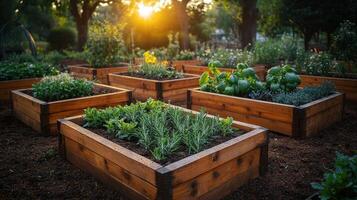 A garden with several raised garden beds photo