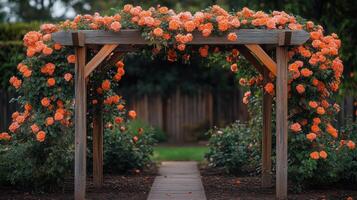 An arbor with orange roses growing on it photo