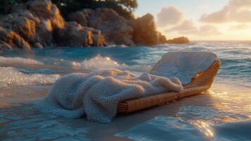 A beach chair with a blanket on it sitting on the sand photo