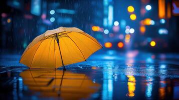 A yellow umbrella on a wet street at night photo