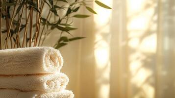 A stack of towels on a table photo