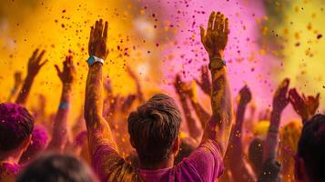Festive crowd covered in vibrant colors, joyfully celebrating Holi with enthusiasm and unity photo