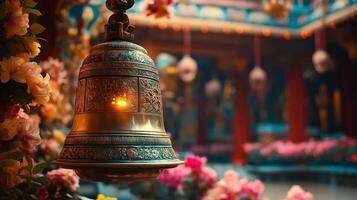 Ornate temple bell adorned with flowers and glowing lights, symbolizing spirituality and devotion during Vijaya Ekadashi. photo