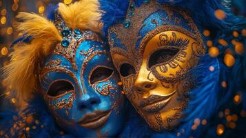 Elegant blue and gold Mardi Gras masks with intricate details and sparkling accents. photo