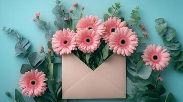 Open envelope filled with pink gerbera daisies on a pastel background. photo