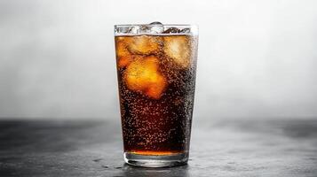 A glass of cola with ice on a table photo