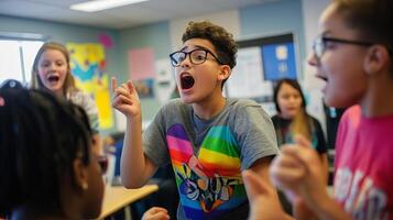 A group of students in a classroom with one boy yelling photo