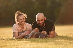 Calm, lying, down, on, the ground. Man and woman are with dog on the field photo
