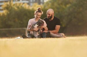 Having ,,a rest, sitting. Man and woman ,are with dog on the field photo