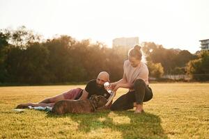 Drinking ,the water. Man ,and, woman are with dog on the field photo