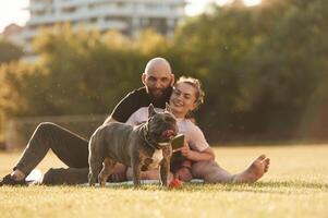 Weekend, time,,, resting and sitting. Man and woman are with dog on the field photo