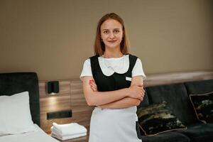 With,, arms, crossed, standing. Young chambermaid is in hotel room photo