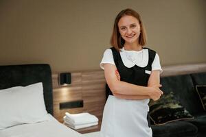 With ,arms, crossed, standing... Young chambermaid is in hotel room photo
