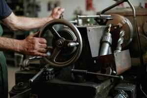 Close-up of ,worker's hands operating industrial machinery in workshop photo