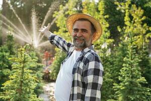 Automatic ,,watering system behind. Senior gardener is at work at daytime photo