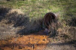 A rusted pipe spills rusty water into a muddy area with weeds and grass growing around it. photo