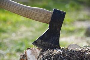 Sharp ax embedded in a weathered tree stump with a wooden handle ready to chop. photo